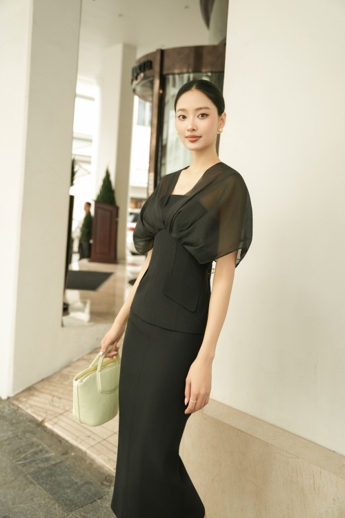 Sixdo Black Woven Pencil Skirt